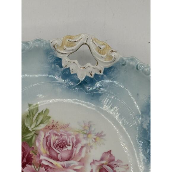 RS Prussia Antique Blue Cake Plate Pink Roses 1910 - Picture 4 of 8